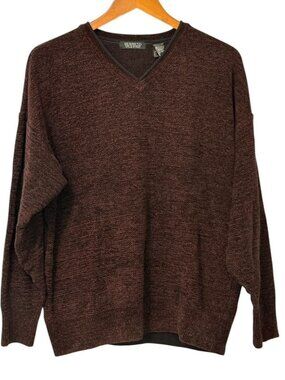 Segreto Mens V-Neck Sweater Burgundy Black Chenille Acrylic Wool Italy Size XL